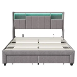 ProximaX Lit double 160x200 cm en lin gris avec 2 tiroirs, tête de lit à poches latérales, rangements intégrés et LED Sale