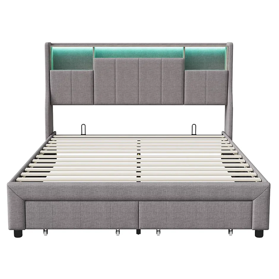 ProximaX Lit double 160x200 cm en lin gris avec 2 tiroirs, tête de lit à poches latérales, rangements intégrés et LED Sale