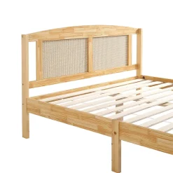 ProximaX Lit Double 160x200 cm en Pin et Rotin PE avec Coussin, 15 Lattes et Pied Central, Lit pour Adolescents et Adultes Sale