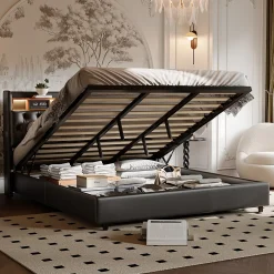ProximaX Lit double 180x200 cm en PU noir avec coffre à vérin, tête de lit LED, rangement pratique et ports USB EU intégrés Discount