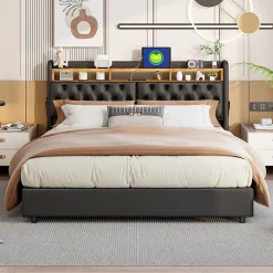 ProximaX Lit double 180x200 cm en PU noir avec coffre à vérin, tête de lit LED, rangement pratique et ports USB EU intégrés Discount