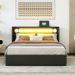 ProximaX Lit double 140x200 cm en similicuir noir avec LED, lecteur Bluetooth, ports USB et rangement, lit pratique et moderne