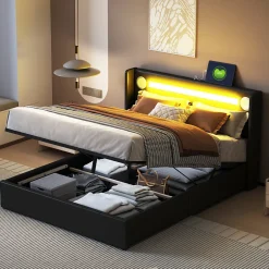 ProximaX Lit double 140x200 cm en similicuir noir avec LED, lecteur Bluetooth, ports USB et rangement, lit pratique et moderne
