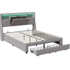 ProximaX Lit double 140x200 cm en tissu lin gris, avec 2 tiroirs, tête de lit à poches latérales, rangements intégrés et éclairage LED
