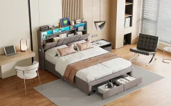 ProximaX Lit double 140x200 cm en tissu lin gris, avec 2 tiroirs, tête de lit à poches latérales, rangements intégrés et éclairage LED