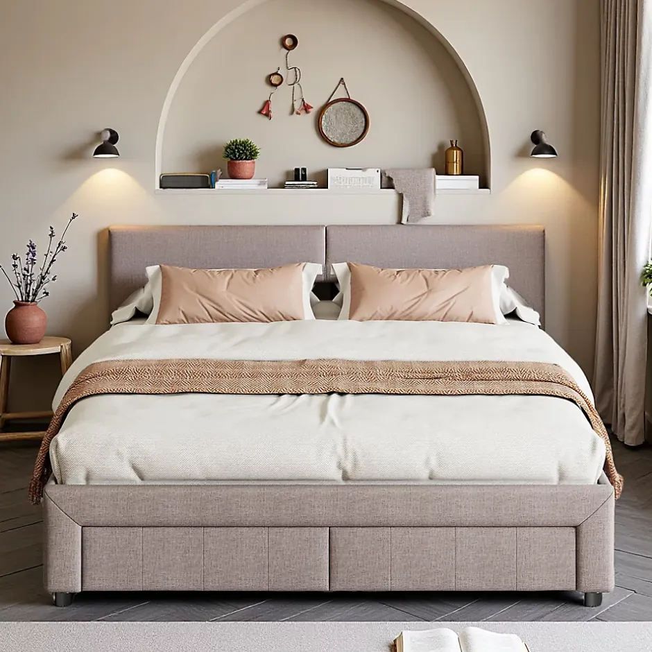 ProximaX Lit double 140x200 cm en tissu lin gris, avec 2 tiroirs, tête de lit à poches latérales, rangements intégrés et éclairage LED