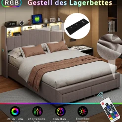 ProximaX Lit double 140x200 cm en tissu lin gris, avec 2 tiroirs, tête de lit à poches latérales, rangements intégrés et éclairage LED
