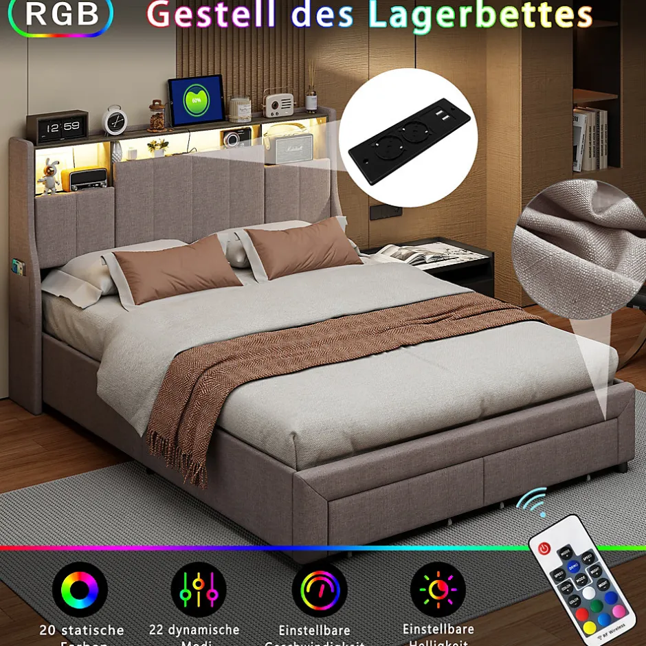 ProximaX Lit double 140x200 cm en tissu lin gris, avec 2 tiroirs, tête de lit à poches latérales, rangements intégrés et éclairage LED