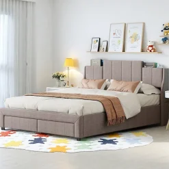 ProximaX Lit double 140x200 cm en tissu lin gris, avec 2 tiroirs, tête de lit à poches latérales, rangements intégrés et éclairage LED