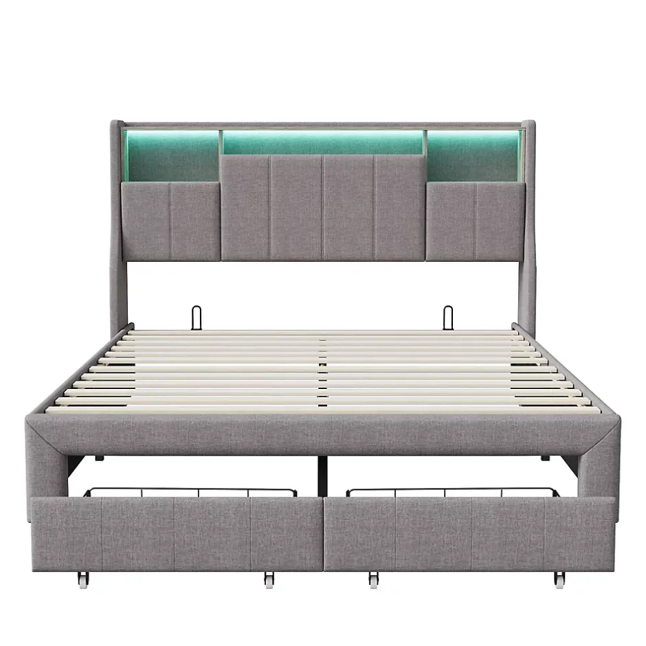 ProximaX Lit double 140x200 cm en tissu lin gris, avec 2 tiroirs, tête de lit à poches latérales, rangements intégrés et éclairage LED
