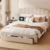 ProximaX Lit double 160x200 cm en tissu teddy beige, Tiroirs de rangement au pied du lit et ports USB intégrés
