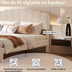 ProximaX Lit double 160x200 cm en tissu teddy beige, Tiroirs de rangement au pied du lit et ports USB intégrés