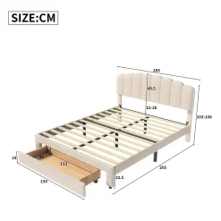 ProximaX Lit double 160x200 cm en tissu teddy beige, Tiroirs de rangement au pied du lit et ports USB intégrés