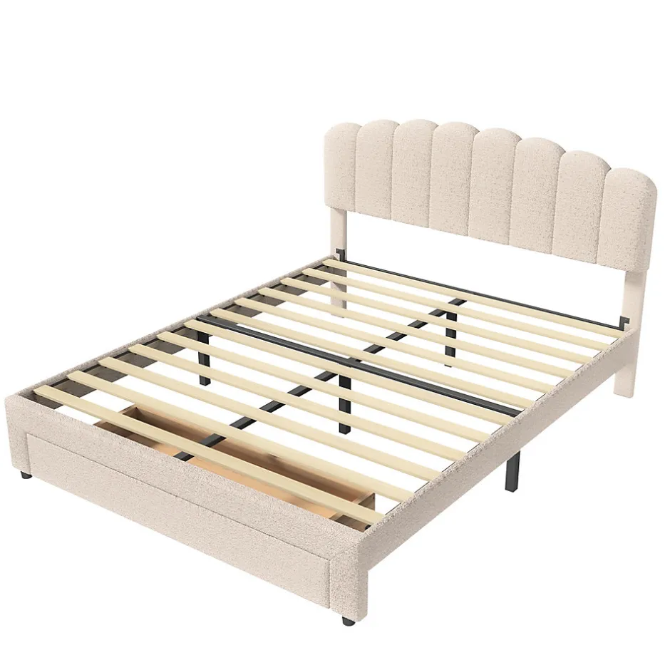 ProximaX Lit double 160x200 cm en tissu teddy beige, Tiroirs de rangement au pied du lit et ports USB intégrés