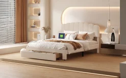 ProximaX Lit double 160x200 cm en tissu teddy beige, Tiroirs de rangement au pied du lit et ports USB intégrés