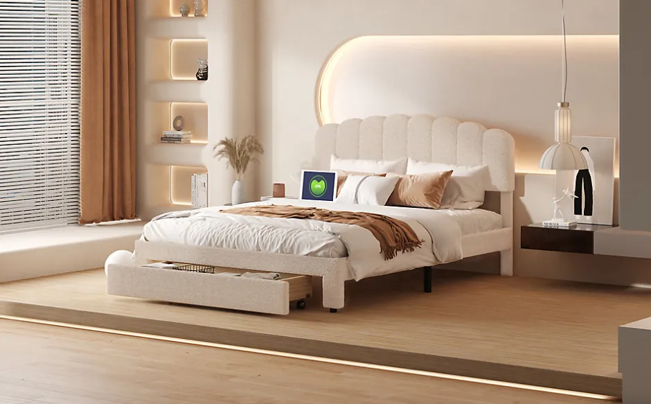 ProximaX Lit double 160x200 cm en tissu teddy beige, Tiroirs de rangement au pied du lit et ports USB intégrés