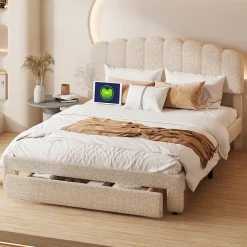 ProximaX Lit double 140x200 cm en tissu teddy beige, Tiroirs de rangement au pied du lit et ports USB intégrés