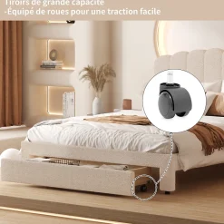 ProximaX Lit double 140x200 cm en tissu teddy beige, Tiroirs de rangement au pied du lit et ports USB intégrés