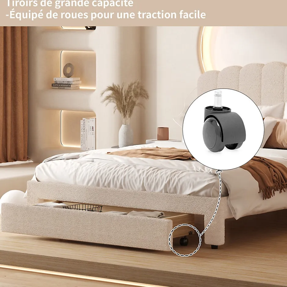 ProximaX Lit double 140x200 cm en tissu teddy beige, Tiroirs de rangement au pied du lit et ports USB intégrés