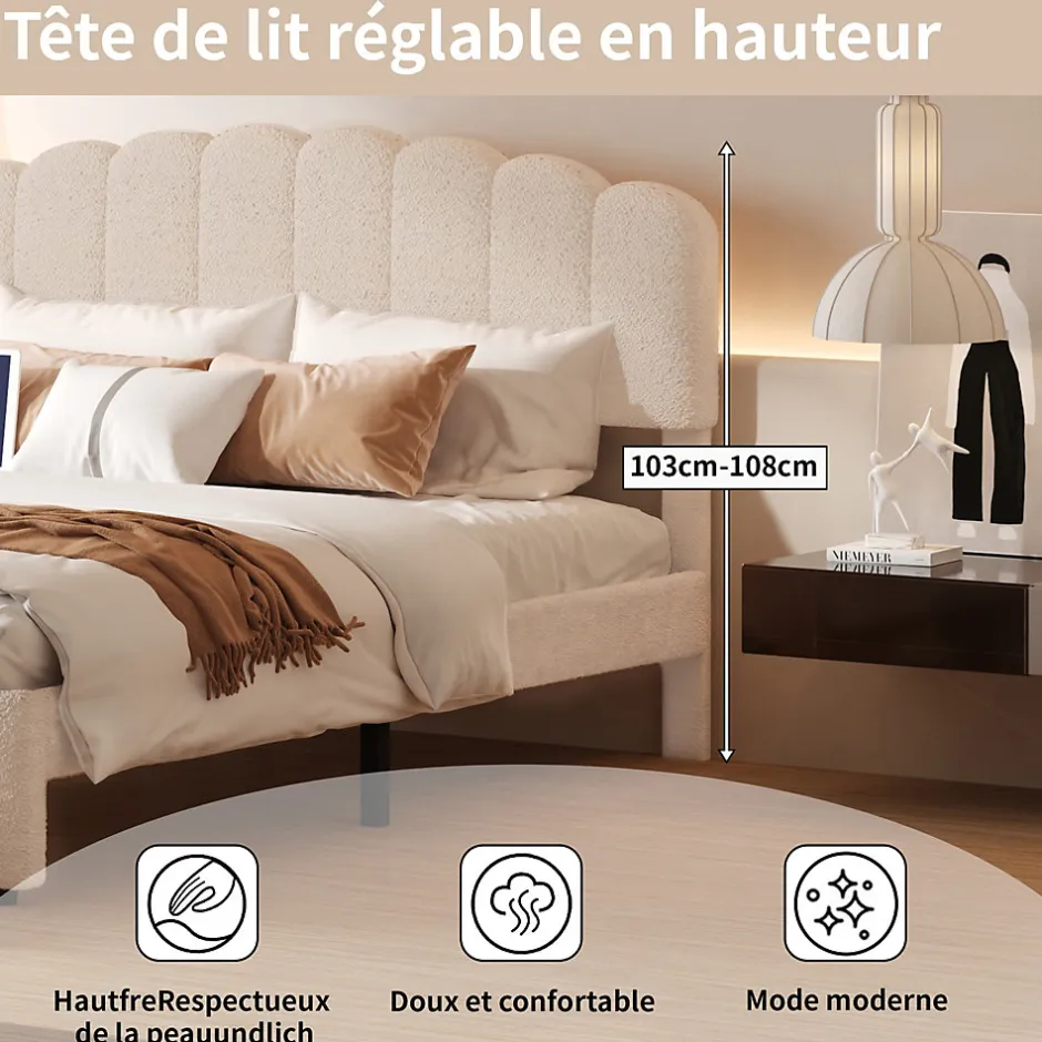 ProximaX Lit double 140x200 cm en tissu teddy beige, Tiroirs de rangement au pied du lit et ports USB intégrés