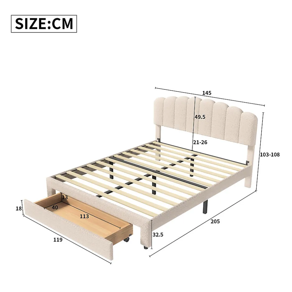ProximaX Lit double 140x200 cm en tissu teddy beige, Tiroirs de rangement au pied du lit et ports USB intégrés