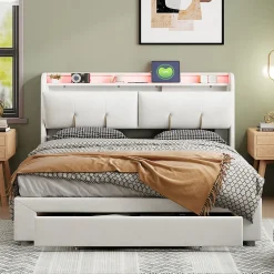 Generique Lit double 160x200 cm en velours beige, avec rangement, LED et ports USB