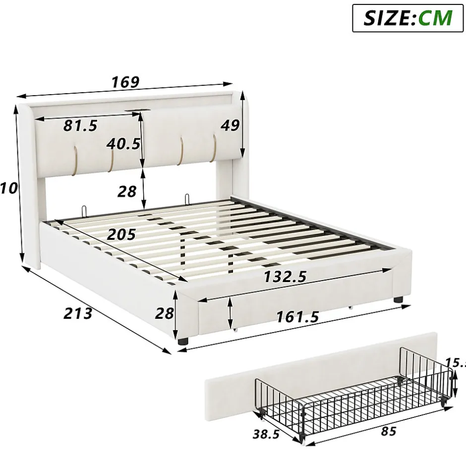 Generique Lit double 160x200 cm en velours beige, avec rangement, LED et ports USB
