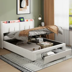 Generique Lit double 160x200 cm en velours beige, avec rangement, LED et ports USB