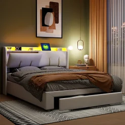 Generique Lit double 160x200 cm en velours beige, avec rangement, LED et ports USB