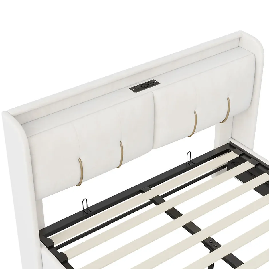 Generique Lit double 160x200 cm en velours beige, avec rangement, LED et ports USB