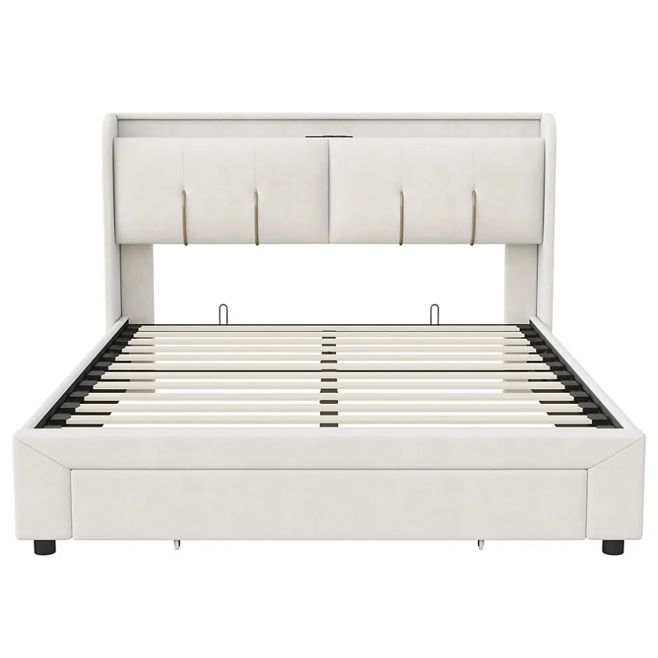 Generique Lit double 160x200 cm en velours beige, avec rangement, LED et ports USB