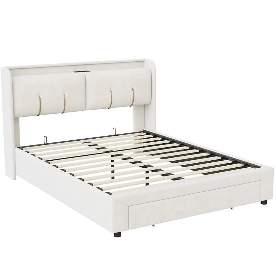 Generique Lit double 160x200 cm en velours beige, avec rangement, LED et ports USB