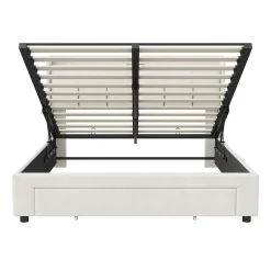Generique Lit double 160x200 cm en velours beige, avec rangement, LED et ports USB