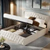 ProximaX Lit double 140x200 cm en velours blanc cassé avec clous décoratifs, motif ondulé, sommier à lattes et rangement