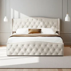 ProximaX Lit double 140x200 cm en velours blanc cassé avec clous décoratifs, motif ondulé, sommier à lattes et rangement
