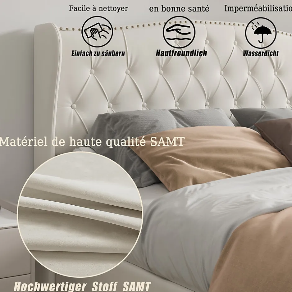 ProximaX Lit double 140x200 cm en velours blanc cassé avec clous décoratifs, motif ondulé, sommier à lattes et rangement