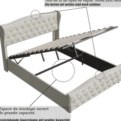 ProximaX Lit double 140x200 cm en velours blanc cassé avec clous décoratifs, motif ondulé, sommier à lattes et rangement