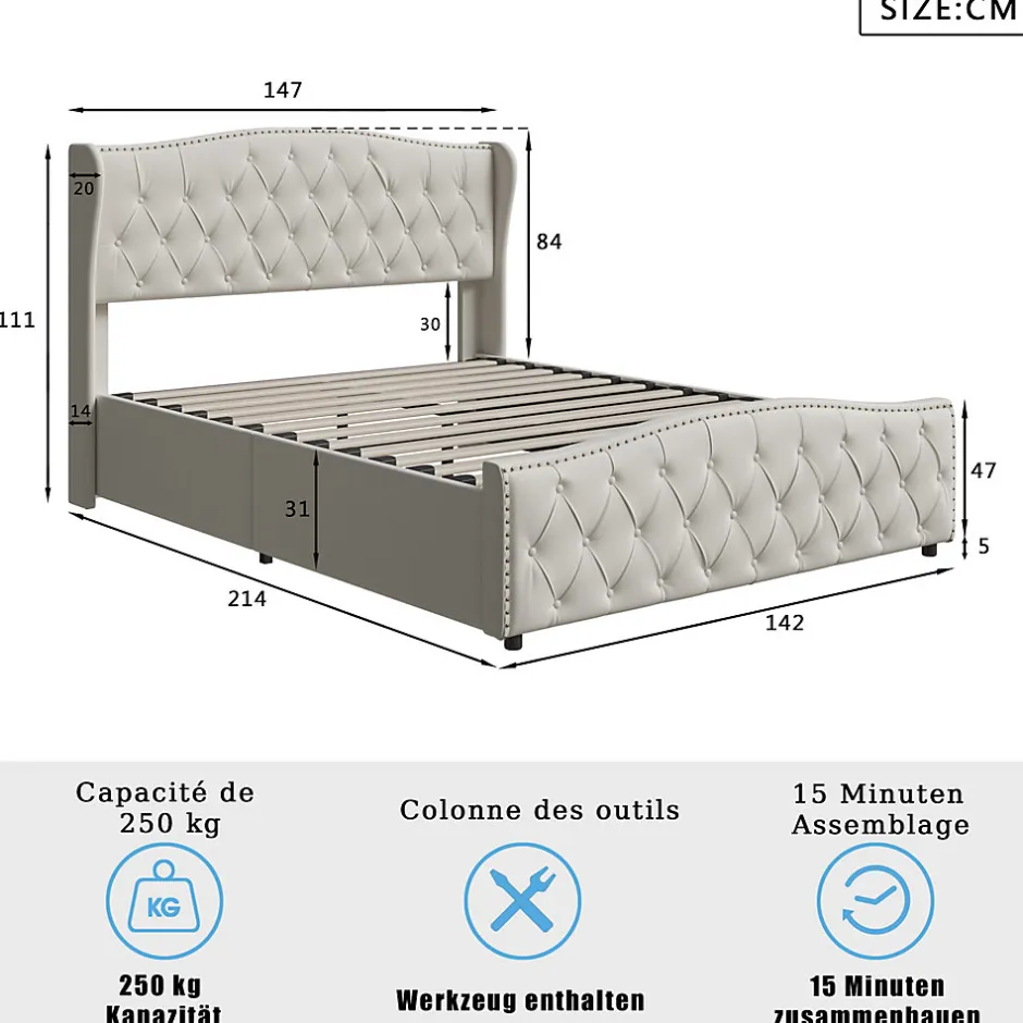 ProximaX Lit double 140x200 cm en velours blanc cassé avec clous décoratifs, motif ondulé, sommier à lattes et rangement