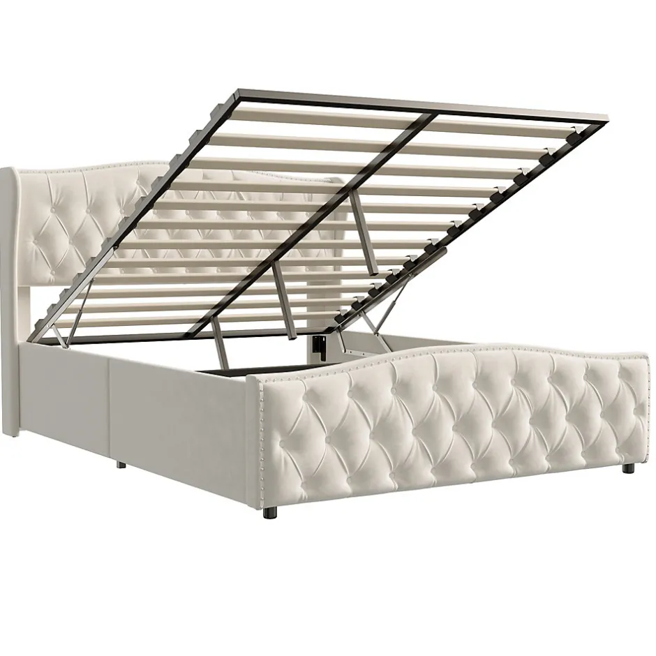 ProximaX Lit double 140x200 cm en velours blanc cassé avec clous décoratifs, motif ondulé, sommier à lattes et rangement