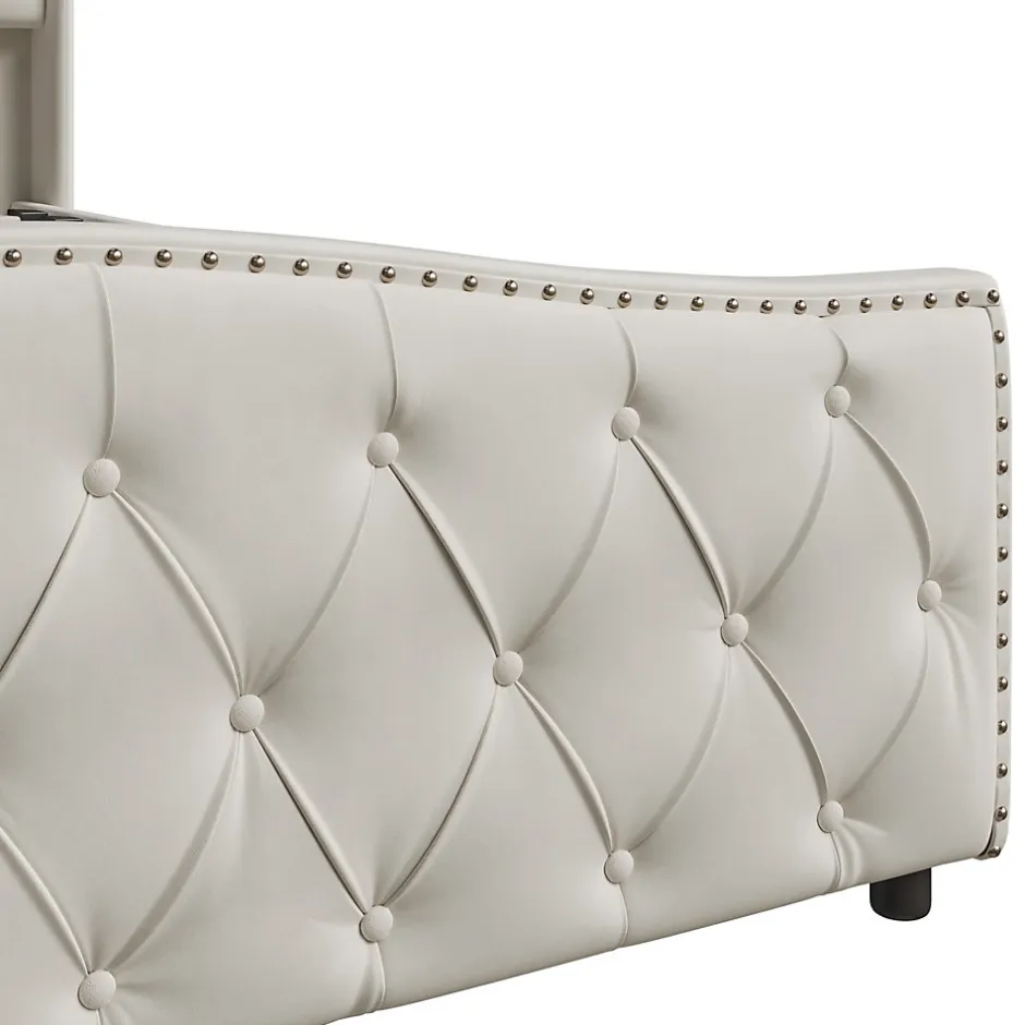 ProximaX Lit double 140x200 cm en velours blanc cassé avec clous décoratifs, motif ondulé, sommier à lattes et rangement