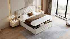 ProximaX Lit double 140x200 cm en velours blanc cassé avec clous décoratifs, motif ondulé, sommier à lattes et rangement