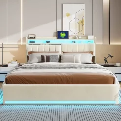 ProximaX Lit double 160x200 cm en velours beige avec éclairage LED RGB, ports USB & Type-C, tête de lit avec rangement et 4 tiroirs
