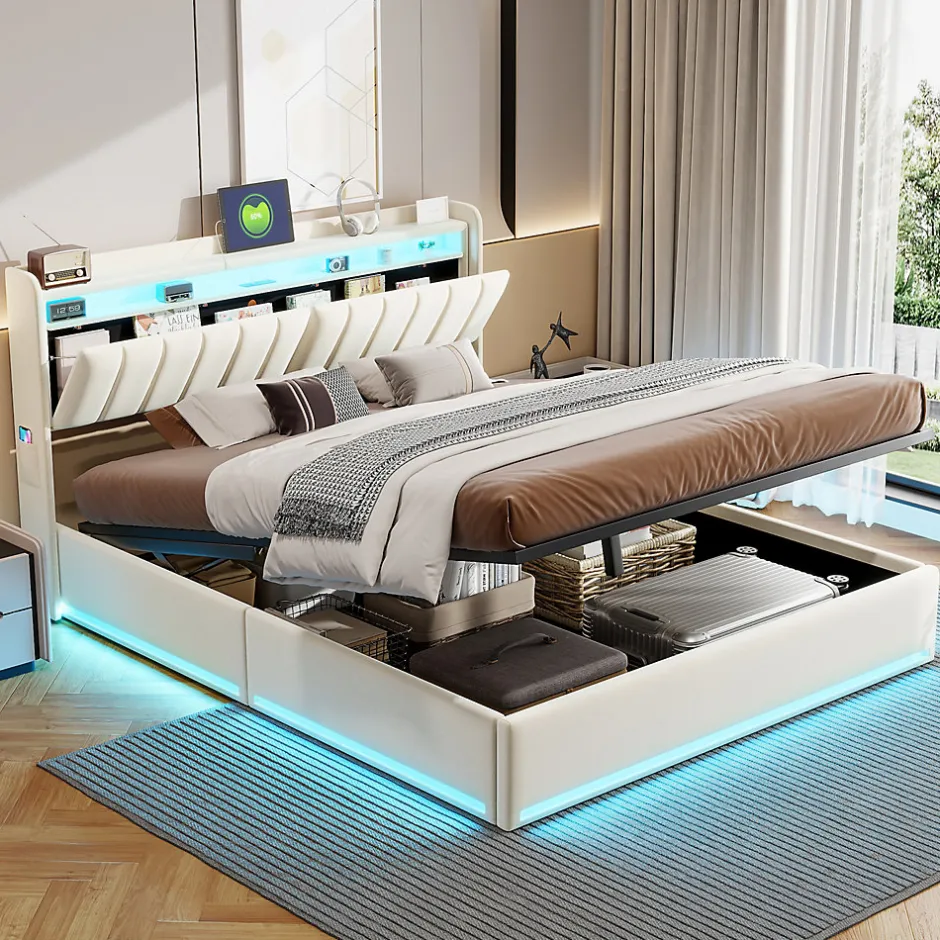 ProximaX Lit double 160x200 cm en velours beige avec éclairage LED RGB, ports USB & Type-C, tête de lit avec rangement et 4 tiroirs