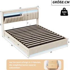 ProximaX Lit double 160x200 cm en velours beige avec éclairage LED RGB, ports USB & Type-C, tête de lit avec rangement et 4 tiroirs