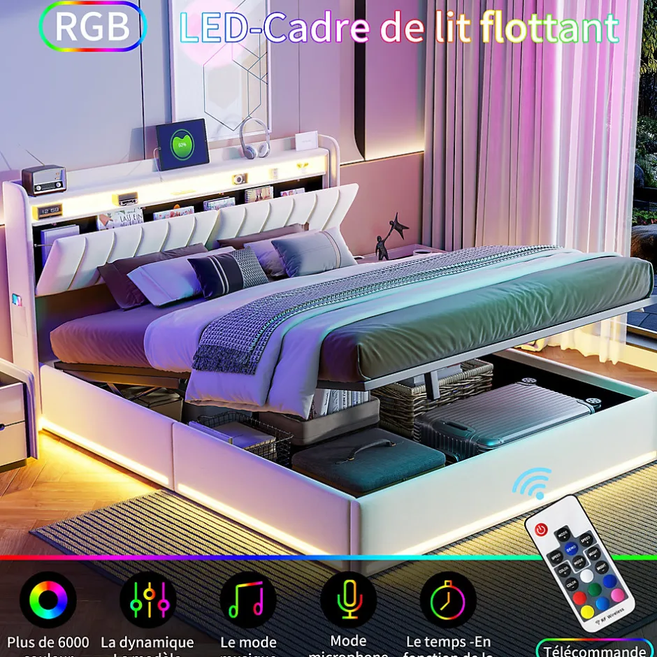 ProximaX Lit double 160x200 cm en velours beige avec éclairage LED RGB, ports USB & Type-C, tête de lit avec rangement et 4 tiroirs