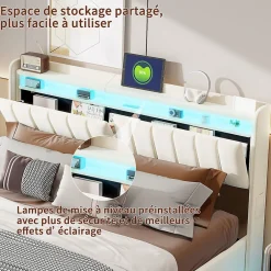 ProximaX Lit double 160x200 cm en velours beige avec éclairage LED RGB, ports USB & Type-C, tête de lit avec rangement et 4 tiroirs