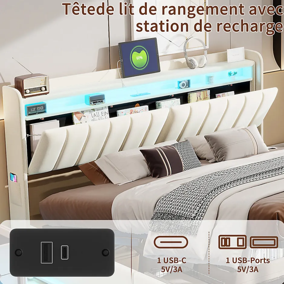 ProximaX Lit double 160x200 cm en velours beige avec éclairage LED RGB, ports USB & Type-C, tête de lit avec rangement et 4 tiroirs