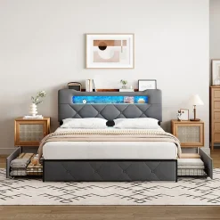 Simple Life Lit double 140x190 cm en velours gris avec LED,USB, sommier à lattes, tête de lit rangement et 4 tiroirs, Velours, Beige Sale