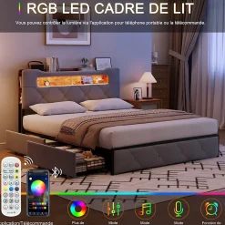 Simple Life Lit double 140x190 cm en velours gris avec LED,USB, sommier à lattes, tête de lit rangement et 4 tiroirs, Velours, Beige Sale