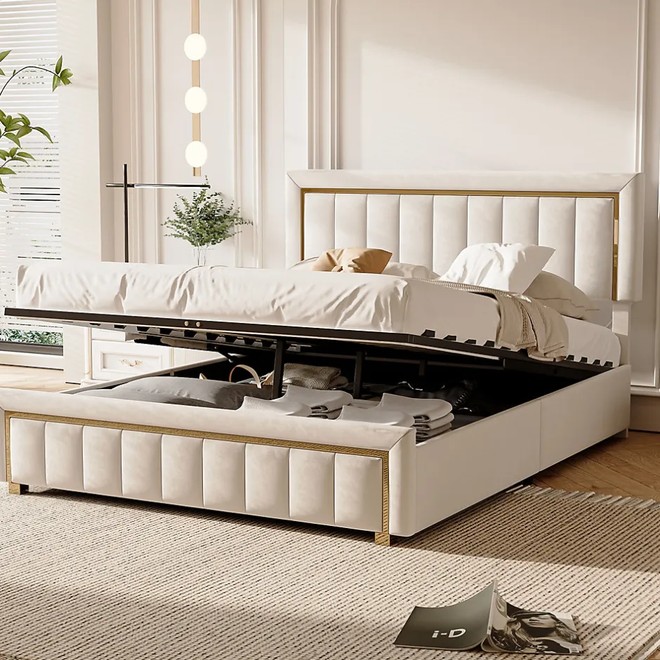 ProximaX Lit double 160x200 cm en velours avec bordure dorée, tête de lit capitonnée, lit coffre avec espace de rangement, Beige